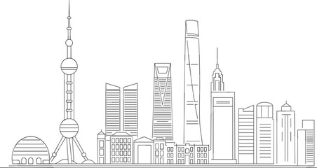 Shanghai skyline line art illustration with Oriental Pearl Tower and Pudong district skyscrapers vector © Al