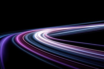 Abstract flowing light trails, curved, colored against a stark black background