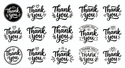 Fototapeta premium Bundle of Handwritten Thank You Typography and Doodles Isolated on White Background - Calligraphy Vector Set