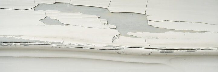A close up view of peeling white paint on a surface with cracks and damage