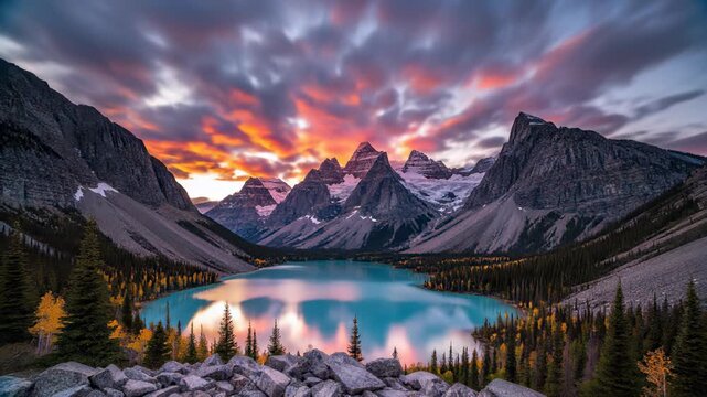 Majestic mountains rise above a serene lake situated in a picturesque valley, capturing the essence of innovation, progress, and forward thinking concepts as the sun dips below the horizon.