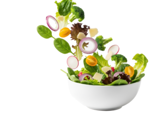 Vibrant garden salad with mixed greens, tomatoes, red onion, radish, broccoli, parmesan dynamically suspended mid-air above a transparent ceramic bowl, soft studio lighting, concept of fresh
