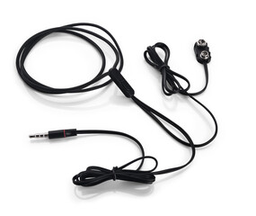 Black audio cable with microphone and headphone connectors, showcasing flexible design and high-quality materials, ideal for sound equipment and audio devices
