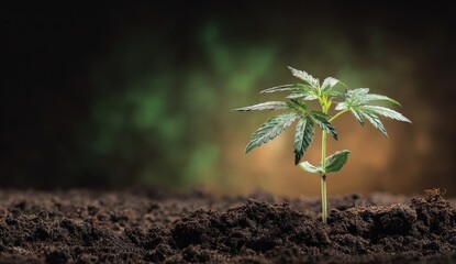 A single green plant sprout emerges from dark soil against a blurred natural background