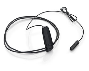 Black wired headset with microphone, featuring a sleek design and flexible cable, ideal for communication and audio tasks in various environments and settings