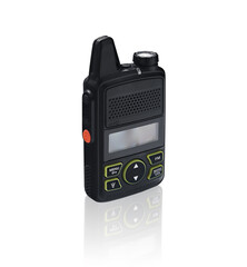 Compact black two-way radio with clear display, buttons for functionality, and a sleek design, ideal for communication in various environments and activities