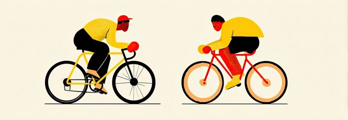 Two stylized cyclists in profile are depicted on bicycles in bold primary colors