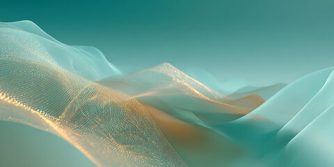 Abstract Teal and Gold Shimmering Digital Waves