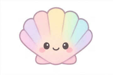 Cute smiling seashell character with pastel rainbow colors