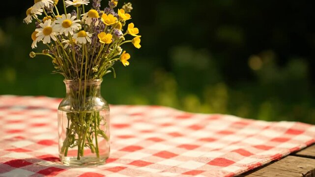 Picnic Table with Flowers and Gingham Cloth Outdoors