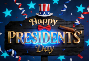 Happy president day with hat and bow tie on wooden board for national holidays background celebration event festive