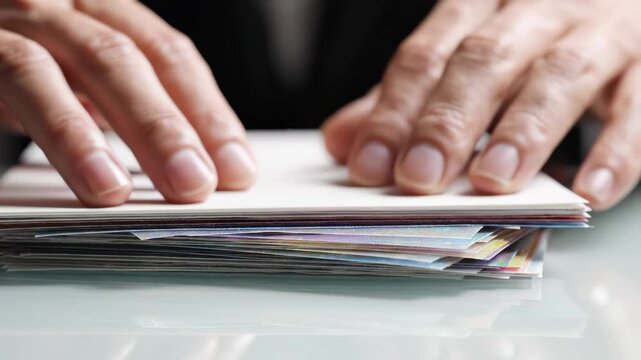 Hands sorting colorful cards