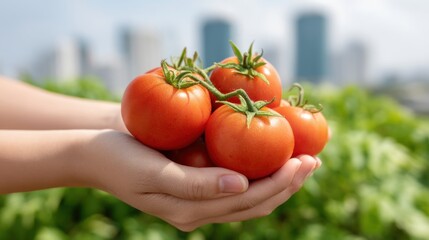 Freshly Picked Juicy Tomatoes in Hands Overlooking a Beautiful Urban Landscape for Culinary and Gardening Inspiration