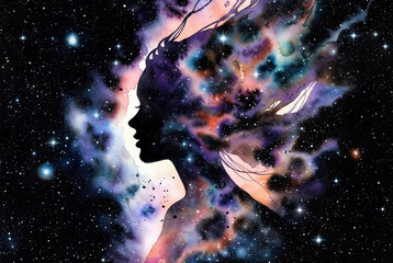 Silhouette of a woman with colorful cosmic background showing stars and galaxies in a creative artistic style