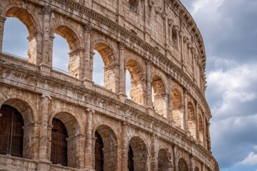 Fototapeta premium Ancient stone structure with arches under a cloudy sky