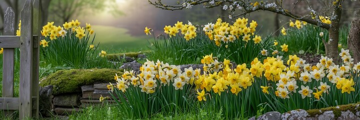 Fototapeta premium A serene garden scene with vibrant yellow and white daffodils blooming near a rustic wooden fence