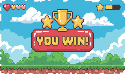 Retro pixel art You Win screen with gold trophy and three stars for 8-bit arcade video game victory concept vector © Al