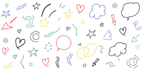 A collection of colorful, hand-drawn doodles... scattered across a white background... in red, blue, yellow, green, and black marker pen.