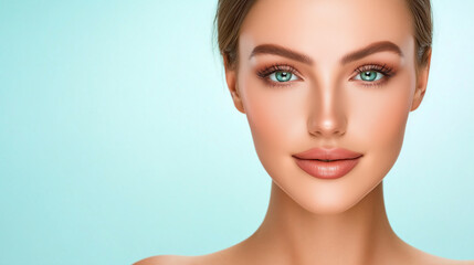 Fototapeta premium Young woman with natural makeup smiling on blue background 