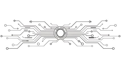 Abstract graphic design featuring interconnected circuits and data transmission lines centered around a futuristic core element