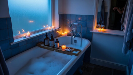 Relaxing bath time with candles and bath products in a cozy bathroom at night