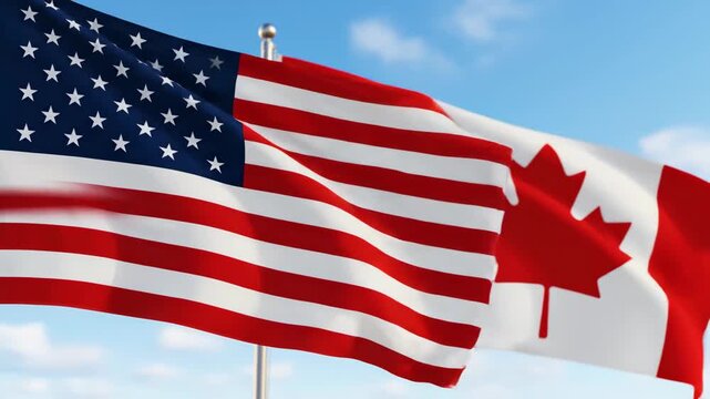 Dynamic Flags of United States and Canada Flapping in Bright Sky