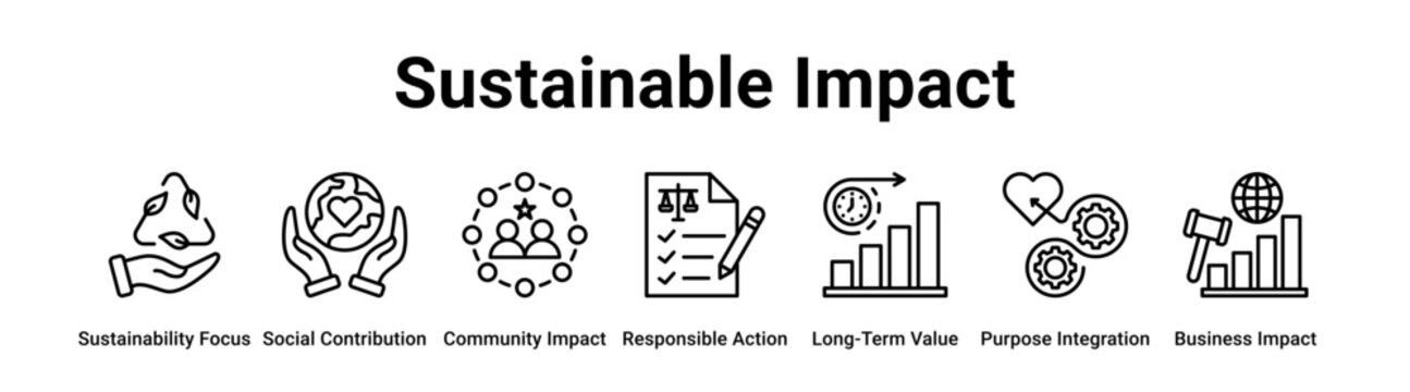 Sustainable Impact web banner icon vector illustration concept for business with icon of Sustainability Focus, Social Contribution, Community Impact, Responsible Action, Long-Term Value, Purpose.