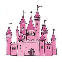 Charming hand-drawn illustration of a pink fairytale castle.