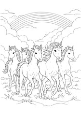 a herd of unicorns in a magical land. coloring book