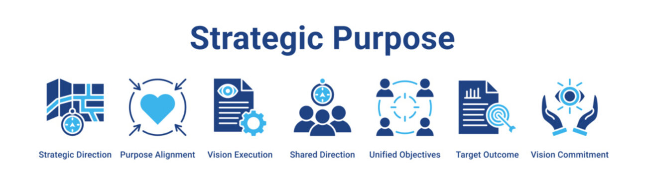 Strategic Purpose web banner icon vector illustration concept for business with icon of Strategic Direction, Purpose Alignment, Vision Execution, Shared Direction, Unified Objectives, Target Outcome,.