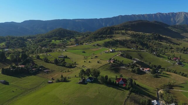 Grand High-Altitude 180-Degree Aerial Panorama of Sirnea, Pestera and Magura Villages under Piatra Craiului Ridge