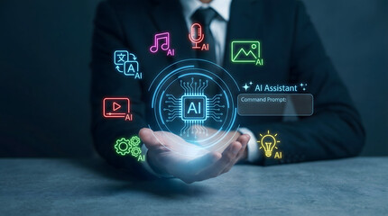 Businessman Using Advanced Artificial Intelligence Assistant HUD