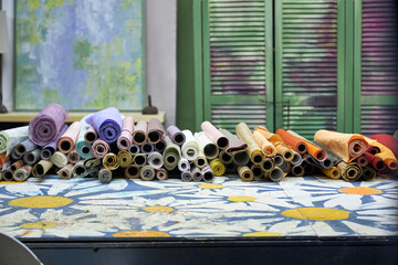 Stacks of colorful wrapping and craft paper rolls arranged on a creative workshop table. Artistic workspace with decorative materials, textures, and post-holiday gift wrapping supplies ready for reuse