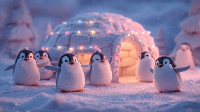 group of joyful penguins having a snowball fight near an igloo decorated with Christmas lights