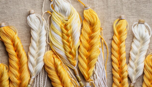embroidery design by yellow and white cotton threads on flax background with embroidery for banner