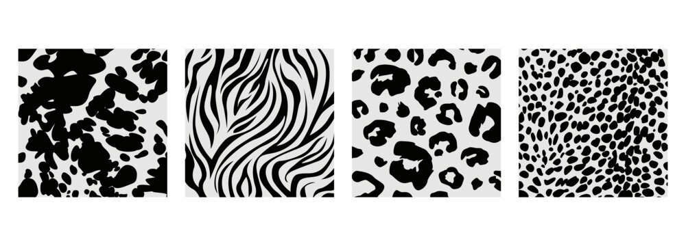 Set of animal monochrome seamless patterns. Vector animal skin prints. Fashion stylish texuters.