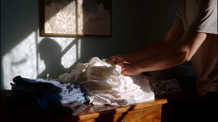 Domestic Routine Calm, Mindful Household Task, Cozy Home Life Moment
