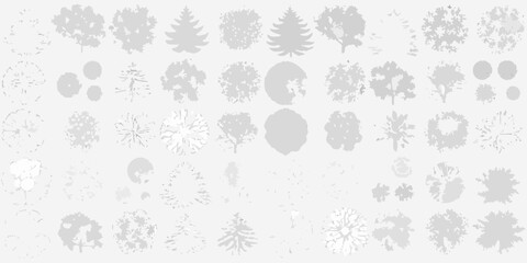 Abstract gray shapes resembling trees and foliage against a light background