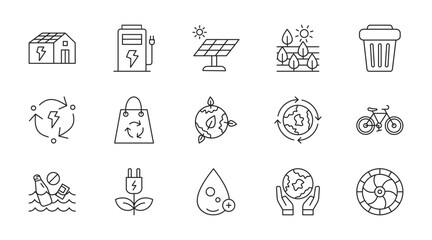 Green energy thin line icon set. Containing green house, ev station, solar panel, planting, recycling