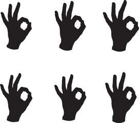 Six black hand silhouettes making the okay sign on a white background