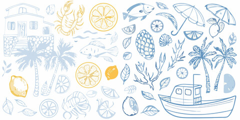 A collection of seaside illustrations fish citrus boats and tropical plants