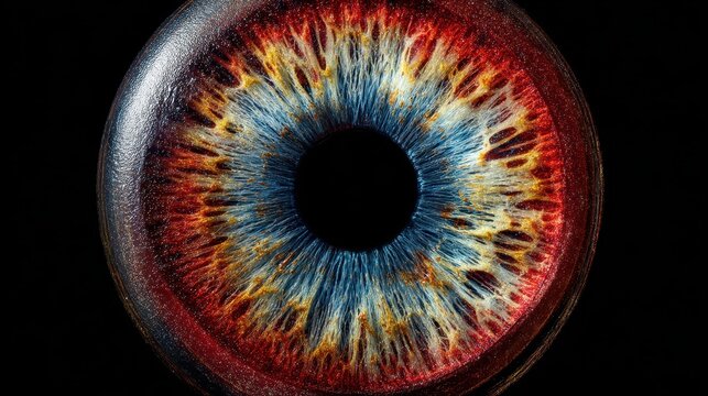 Bold portrait photo of glass eyeball with red blue yellow inside of it, black background