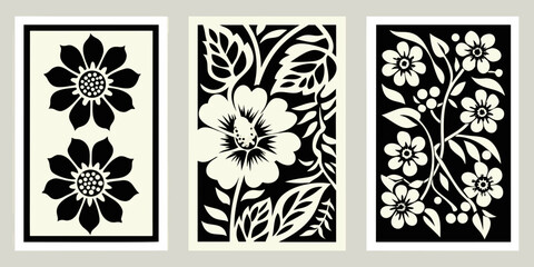 Elegant black and white floral triptych wall art with botanical designs
