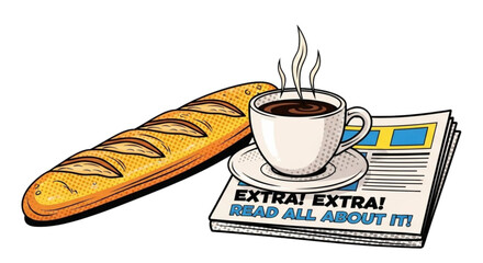 Baguette bread, coffee cup, and newspaper on a table setting  