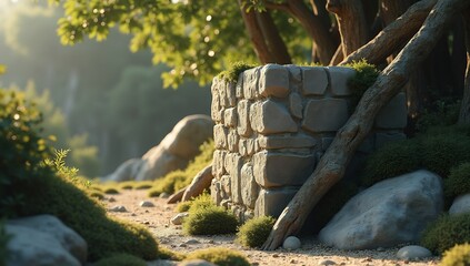 Stone wall in dappled sunlight next to tree trunks and a dirt path with lush green foliage