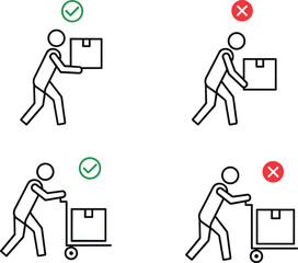 Correct and Incorrect Manual Handling Techniques Showing Safe Lifting, Carrying, Pushing and Moving Boxes for Workplace Ergonomics Safety Training