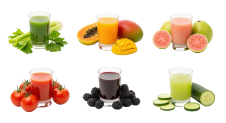 Six clear glasses with vibrant juices and fresh raw ingredients on a white studio background, Concept of healthy natural juices and wellness