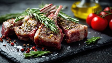 Food concept Organic lamb chops on black slate stone with herbal