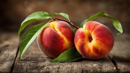 Fresh organic fruit - peaches on wood background