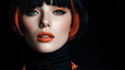 High-fashion portrait with bold lighting and makeup, black background, studio shoot quality
